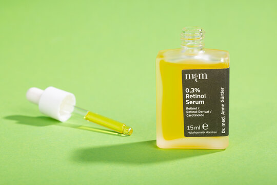 Retinol Serum skin care product NKM Naturekosmetic M&uuml;nchen from Germany in a colorful studio shot