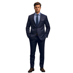 Caucasian man in navy blue suit, on transparent background, White man, png file, isolated, white background with generative ai