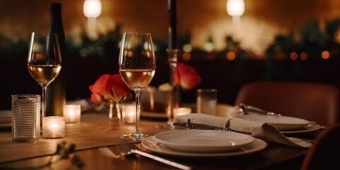 a table in a restaurant with a romantic concept combined with candles and flowers. generative AI