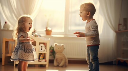 Two children screaming and swearing at each other - obrazy, fototapety, plakaty