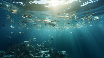 An image of trash plastic bottles drifting in the ocean