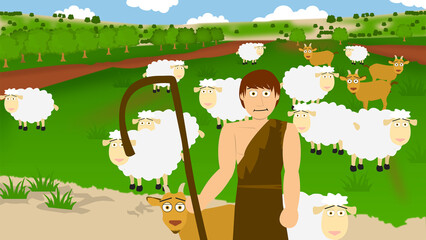 Cartoon Bible Illustration of Abel and his flocks