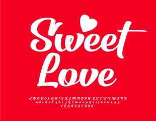 Fototapeta na wymiar Vector romantic card Sweet Love with Decorative Heart. Beautiful Calligraphic Font. Artistic Alphabet Letters and Numbers set