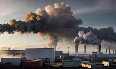 photo industrial area with smoke and air pollution ai generated - obrazy, fototapety, plakaty