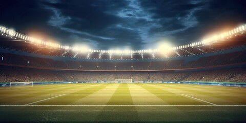 a large football stadium with bright lights at night. generative AI - obrazy, fototapety, plakaty