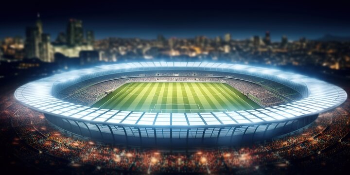 Fototapeta a large football stadium with bright lights at night. generative AI