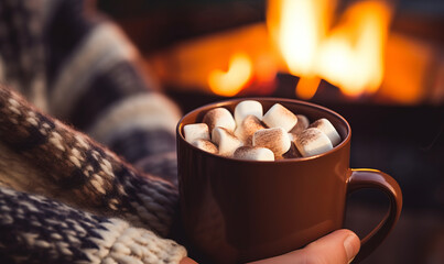 A person relaxing by a cozy fireplace with a mug of warm hot chocolate on a winter evening - obrazy, fototapety, plakaty
