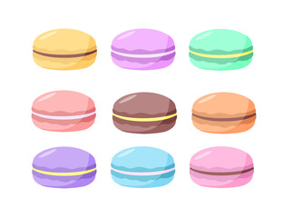 Set of colorful French macaroon cookies. Vector illustration sweet dessert isolated on white.