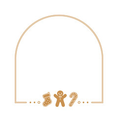 Gingerbread Cookies Arch Frame Border, Christmas Winter Holiday Graphics. Homemade sweets card and social media post template on white background. Isolated vector illustration.