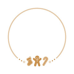 Round Gingerbread Cookies Frame Border, Christmas Winter Holiday Graphics. Homemade sweets card and social media post template on white background. Isolated vector illustration.