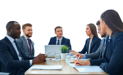 Business team discussing together business plans on a transparent background