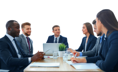 Business team discussing together business plans on a transparent background