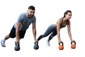 Sporty man and woman doing push-up on a transparent background