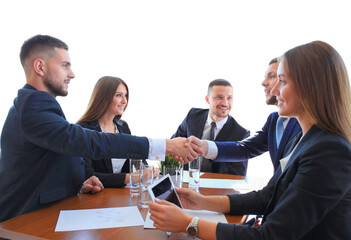 Business people shaking hands, finishing up a meeting on a transparent background