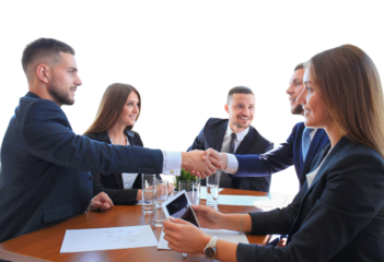 Business people shaking hands, finishing up a meeting on a transparent background