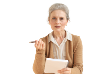 Attractive mature woman sitting on the couch and making notes in diary on a transparent background