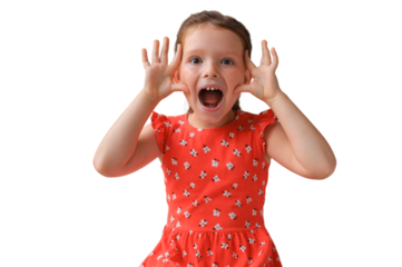 Adorable little girl making faces while sitting on sofa on a transparent background
