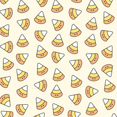 Seamless repeat pattern with corn candy on white. Hand drawn vector illustration. Line drawing. Design concept for Halloween party, textile print, wallpaper, wrapping paper