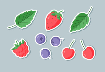 Stickers Summer sweet berries cartoon icons. Vector illustration color raspberry strawberry blueberry cherry and mint leaves. - 663761872