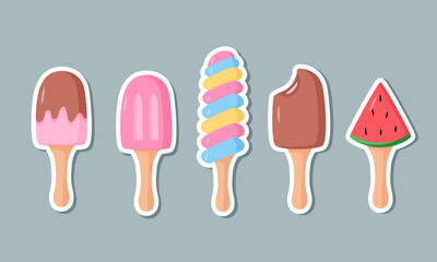 Stickers Ice cream and berries set of cartoon icons. Vector color illustration of summer desserts popsicles on a stick.