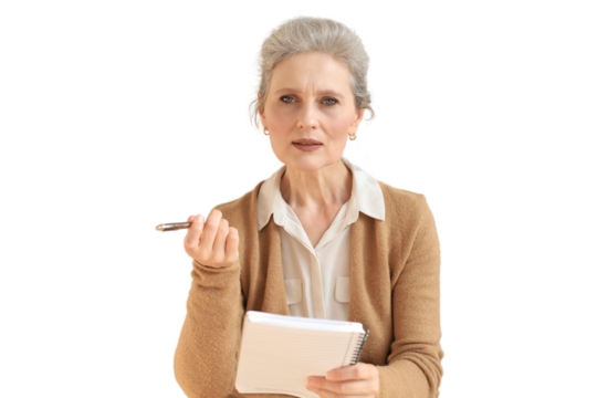 Attractive mature woman sitting on the couch and making notes in diary on a transparent background - Powered by Adobe