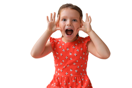 Adorable little girl making faces while sitting on sofa on a transparent background