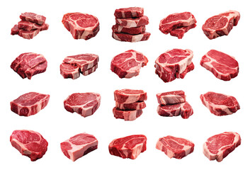 Raw beef stake vector set isolated on white background - obrazy, fototapety, plakaty