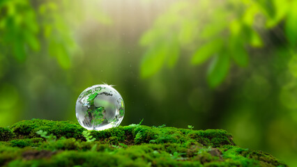 A green crystal ball with a world map on top of the green moss. environmental concept Sustainable...