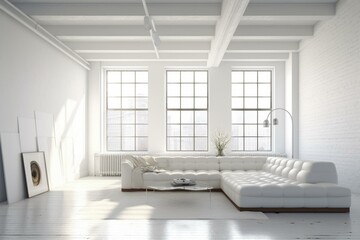 Fototapeta na wymiar Bright loft living room with white table and sofa, showcasing a minimalist, airy design. Created using innovative technology. Generative AI
