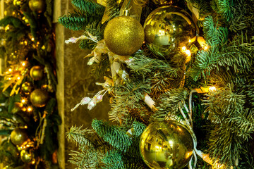 holiday decorations foe christmas and new year with shibibg girland , green fir and pine tree...
