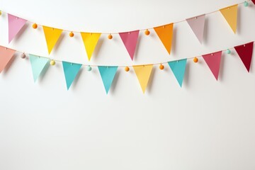 Colorful holiday flags in the form of a garland on the wall. The garland hangs in two rows....