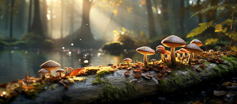 Autumn seasonal background, little mushrooms growing on a tree trunk in wet moss, on forest floor beside a pond, under rain drops and autumnal sun - Fall season magical ambience