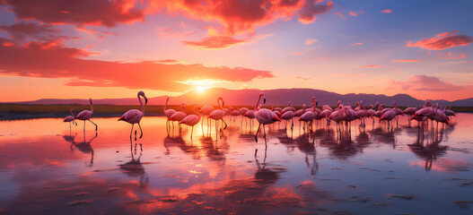 flamingos standing in shallow water at sunset with pink sky. - obrazy, fototapety, plakaty