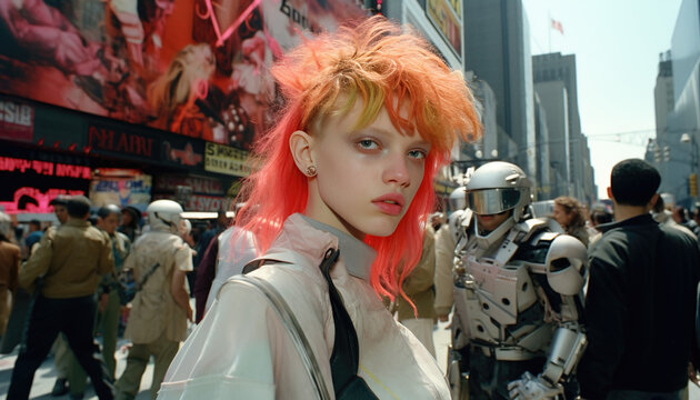 androgenic person in the city. futuristic street fashion