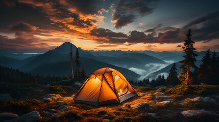 Highlight the thrill of camping at high altitudes, with a tent perched on a mountain peak, providing a bird's eye view of the world below. Great for adventure and mountaineering promotions. - obrazy, fototapety, plakaty