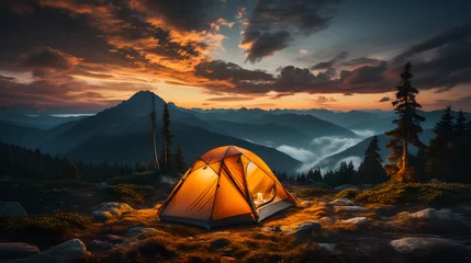 Selbstklebende Fototapeten Highlight the thrill of camping at high altitudes, with a tent perched on a mountain peak, providing a bird's eye view of the world below. Great for adventure and mountaineering promotions. © CanvasPixelDreams