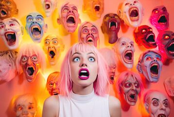 girl screams in front of the wall of horror masks. concept of the toxic culture, stressful environment and social phobia