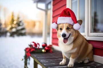 Happy corgi dog in festive Christmas costume on the snowy porch of a house.