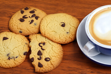 coffee with oatmeal cookies with chocolate pieces nearby. AI GENERATE