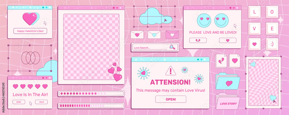 Fototapete set of screens of an old retro pc in the y2k style with greetings on a valentine's day holiday. retr