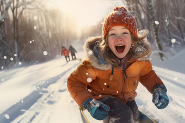 Fototapeta na wymiar Happy child girl playing on a winter walk in nature, winter fun