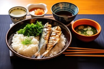 japanese breakfast with grilled fish, rice, and miso soup