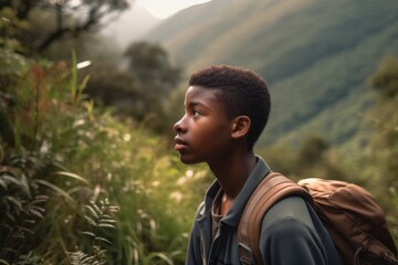 An african american teenager exploring nature, hiking in a scenic landscape and appreciating the beauty of the outdoors. Lush greenery, mountains, picturesque trail on the background. 