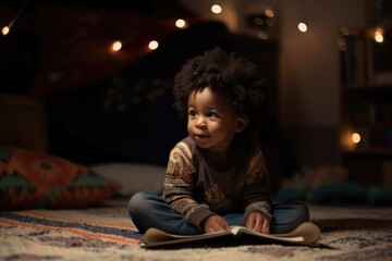 Fototapeta na wymiar A black-skinned preschooler sitting on a cozy carpet reading a book in a comfortable room. 