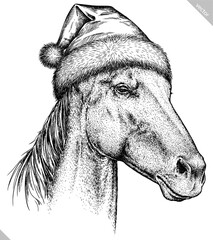 Vintage engraving isolated horse set dressed christmas illustration ink santa costume sketch. Wild equine background nag mustang animal silhouette new year hat art. Black and white vector image