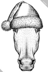 Vintage engraving isolated horse set dressed christmas illustration ink santa costume sketch. Wild equine background nag mustang animal silhouette new year hat art. Black and white vector image