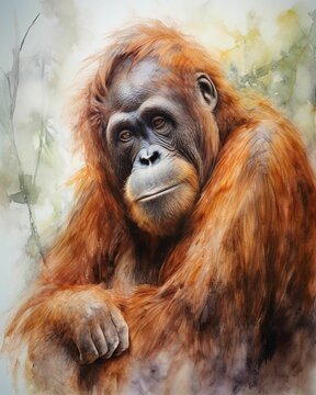 AI generated illustration of a watercolor of an orange monkey standing with arms crossed