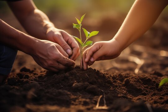 Closeup of father and son hands planting a small tree