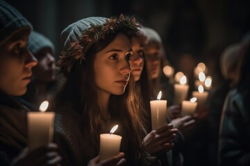 A candlelit procession during a Three Kings Day vigil, with people carrying candles and singing hymns. The peaceful and spiritual aspect of the holiday observance.