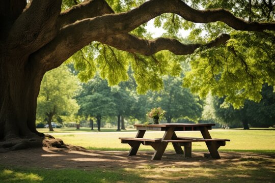 Photo of Wooden table picnic under big tree in park